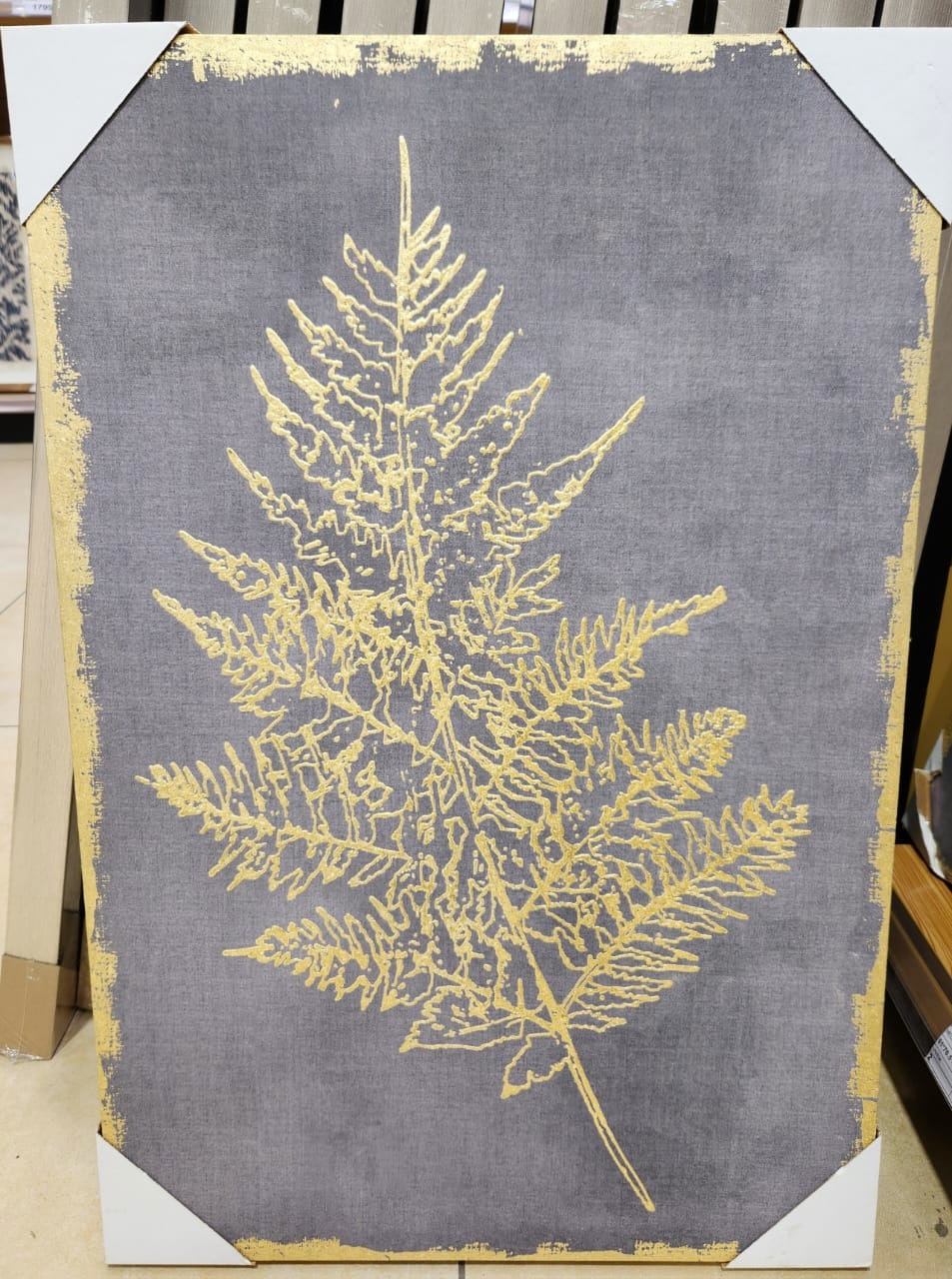 Cuadro hoja gris y dorado