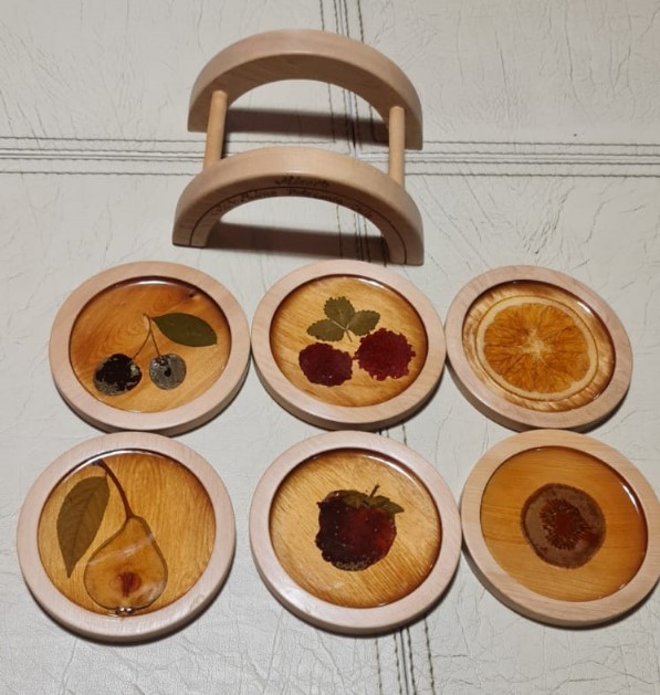 Set 6 Posavasos de Pino Oregón con soporte