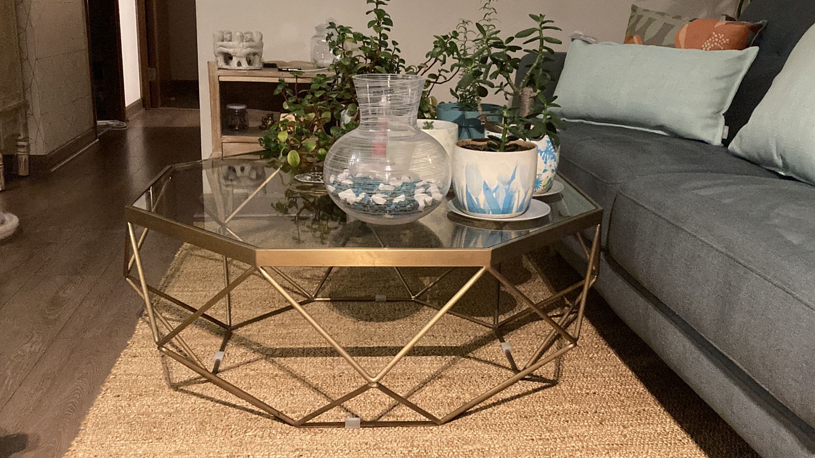 Mesa octagonal vidrio y metal - Imagen 2