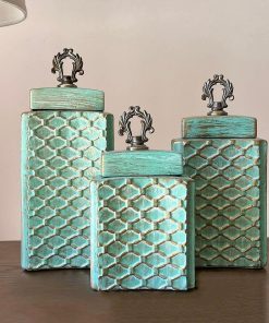 Trio jarrones cerámica turquesa