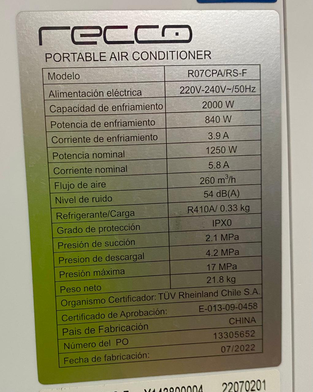 Aire acondicionado portátil Recco 7000 BTU - Imagen 3
