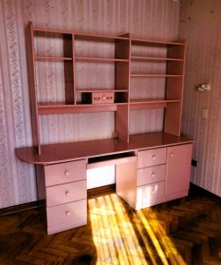 Mueble escritorio rosado con repisas