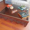 Mesa de centro vidrio y madera tallado flores