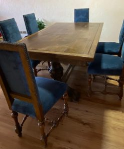 Juego de comedor extensible encina con 6 sillas azules