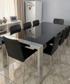 Juego de comedor negro vidrio y metal con 8 sillas