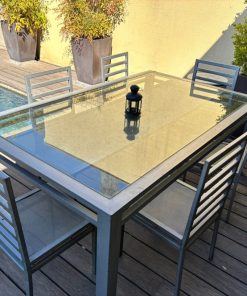 Juego comedor terraza gris fierro y vidrio 6 sillas