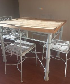 Juego comedor terraza fierro blanco cubierta madera