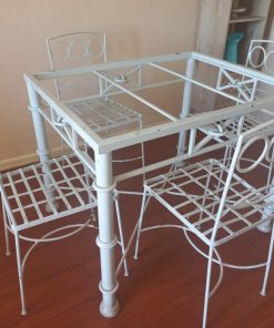 Juego comedor terraza fierro blanco cubierta madera