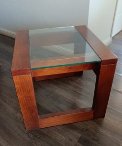 Mesa lateral madera y vidrio tipo corchete