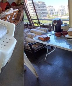 Juego comedor terraza mesa metal blanco y vidrio y 8 sillas plásticas