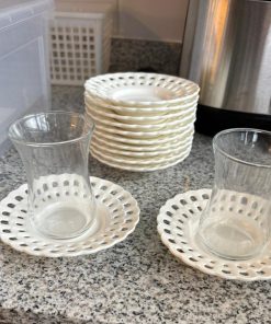 Juego 12 tazas de té turco con sus platos porcelana macramé