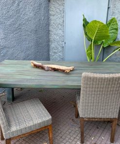 Juego de comedor terraza mesa madera y 4 sillas rattan plástico y base madera