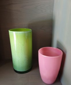 Floreros vidrio soplado verde y rosa