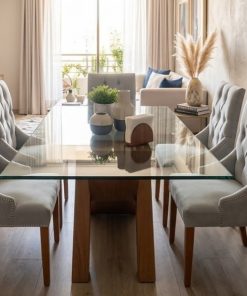Juego de comedor vidrio templado con 6 sillas gris capitoné Muebles Albarrán