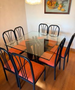 Juego de comedor cuadrado vidrio templado con 8 sillas metálicas