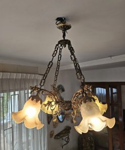 Lámpara techo colgante bronce 4 luces y tulipas vidrio