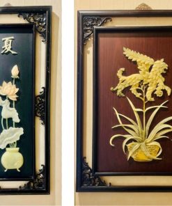 Par cuadros chinos con relieve e incrustaciones de jade tallado y nácar