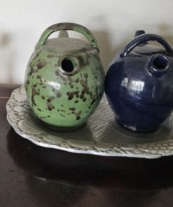 Figurita conejito de cristal y 2 Contenedores de ceramica verde y azul