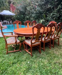 Juego de comedor Lingue macizo con 6 sillas y 2 sitiales Reina Ana