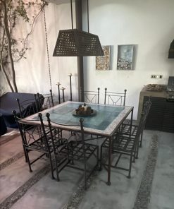 Juego comedor terraza fierro y cerámica con 8 sillas