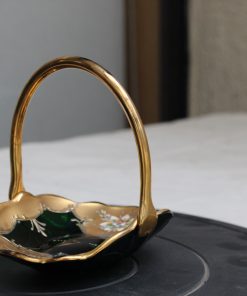 Canastillo dulcera vintage vidrio verde esmeralda con asa alta dorada