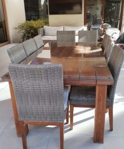 Juego comedor terraza madera y 8 sillas rattan pvc
