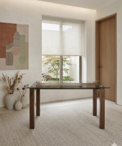 Mesa de comedor vidrio templado base madera