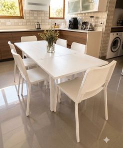 Juego comedor mesa extensible y 6 sillas plásticas blancas Ikea