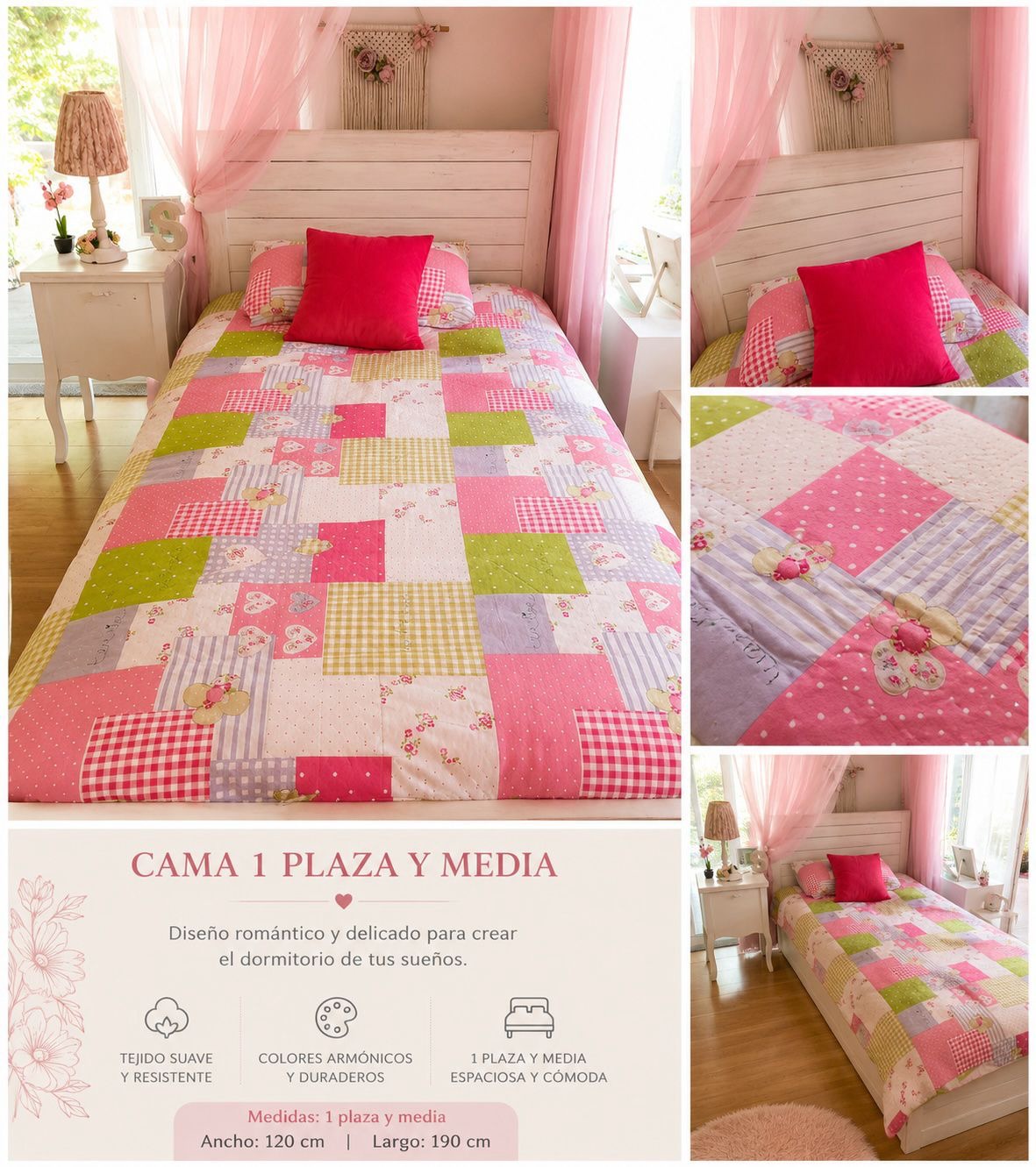 Cama 1.5 plazas madera blanca - Imagen 2