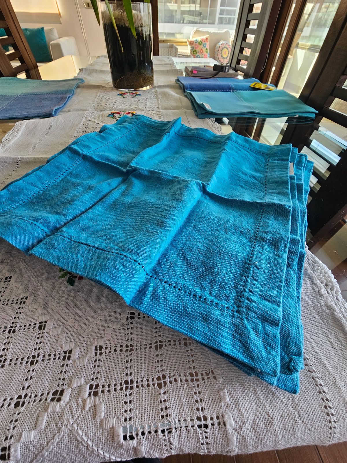 Set 4 individuales y 12 servilletas algodón azul - Imagen 3