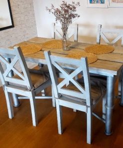 Juego comedor madera rustico 4 sillas con cojines