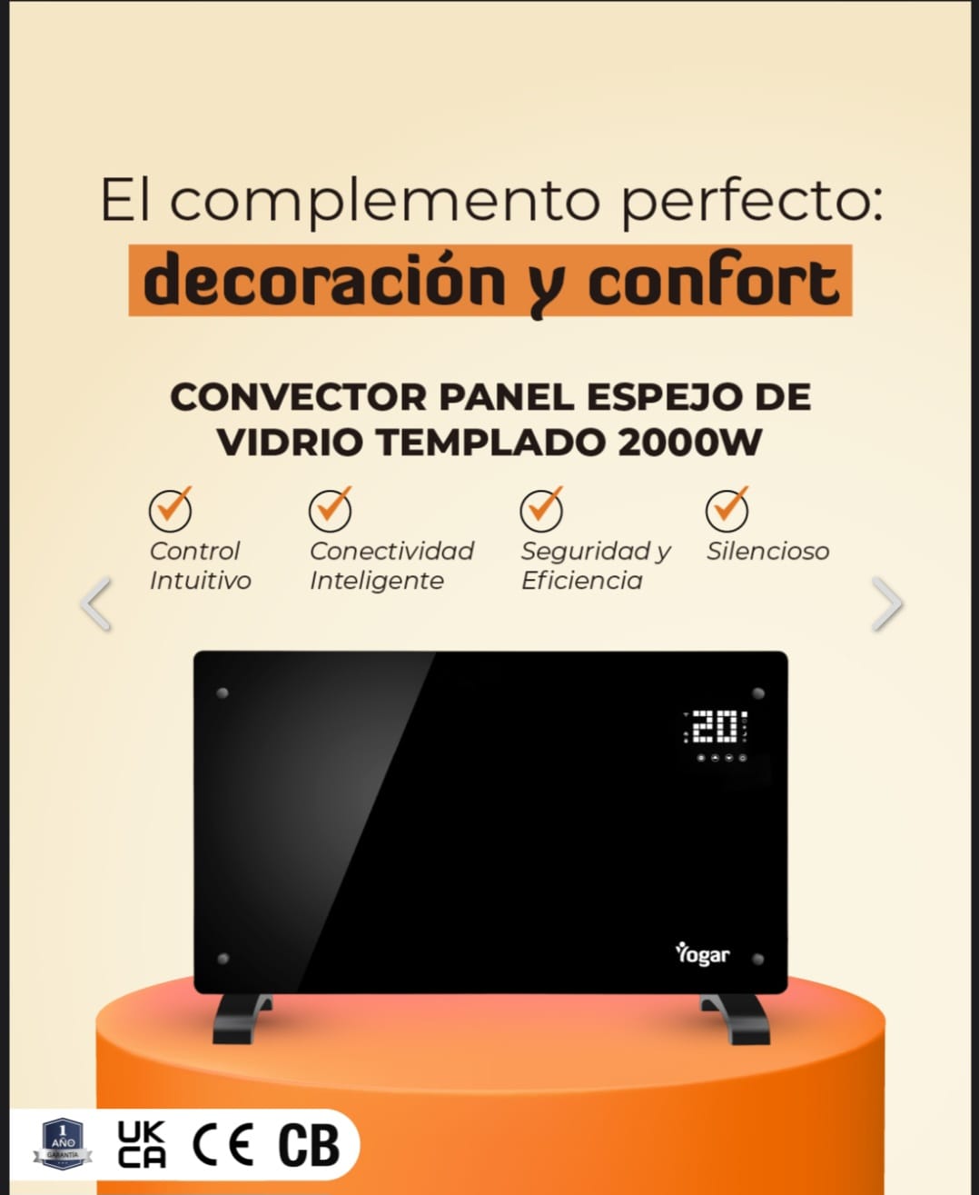Estufa calefactor Yogar Convector Panel Espejo vidrio templado negro 2000W - Imagen 7