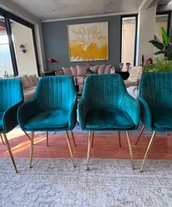 Set 4 sillas comedor terciopelo verde turquesa patas doradas