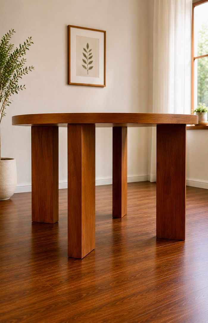 Mesa de comedor madera marquetería roble redonda - Imagen 2