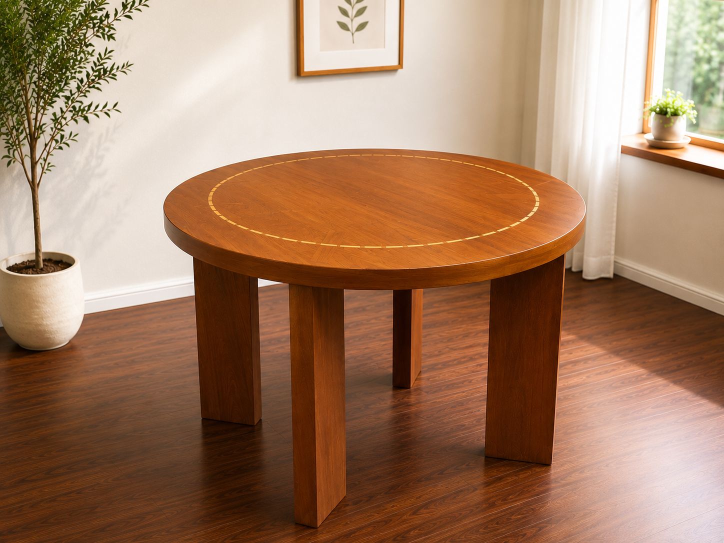 Mesa de comedor madera marquetería roble redonda - Imagen 4