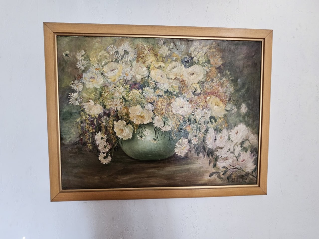 Cuadro flores óleo enmarcado madera