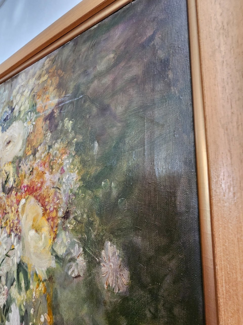 Cuadro flores óleo enmarcado madera