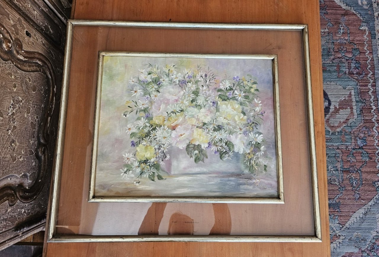 Cuadro flores oleo marco doble vidrio