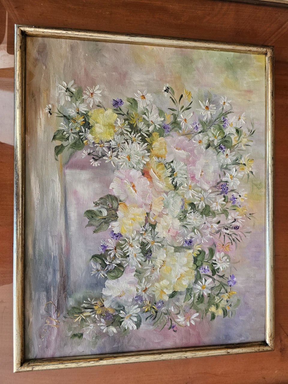 Cuadro flores oleo marco doble vidrio