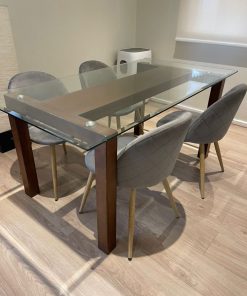 Juego de comedor vidrio templado con 4 sillas velvet gris