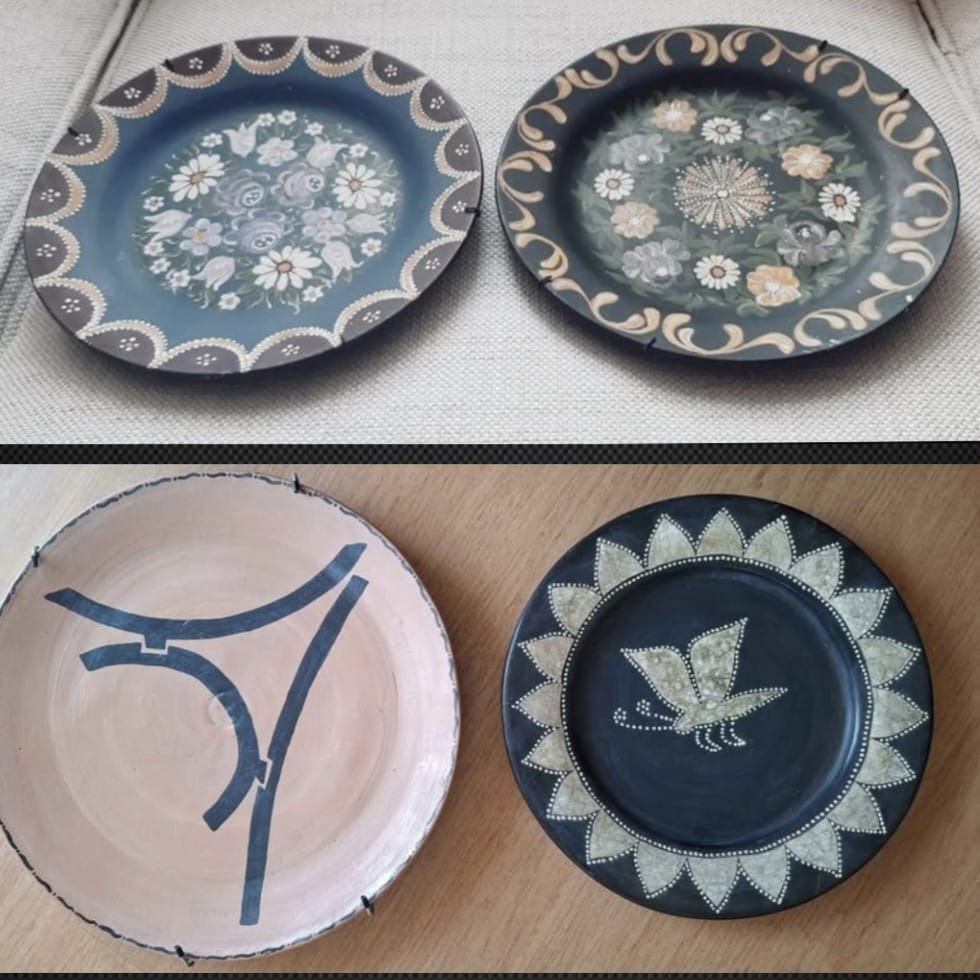 Set 4 platos decorativos greda pintado