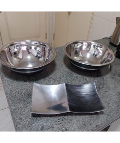 Set 2 bowls y bandeja picoteo acero inoxidable y peltre