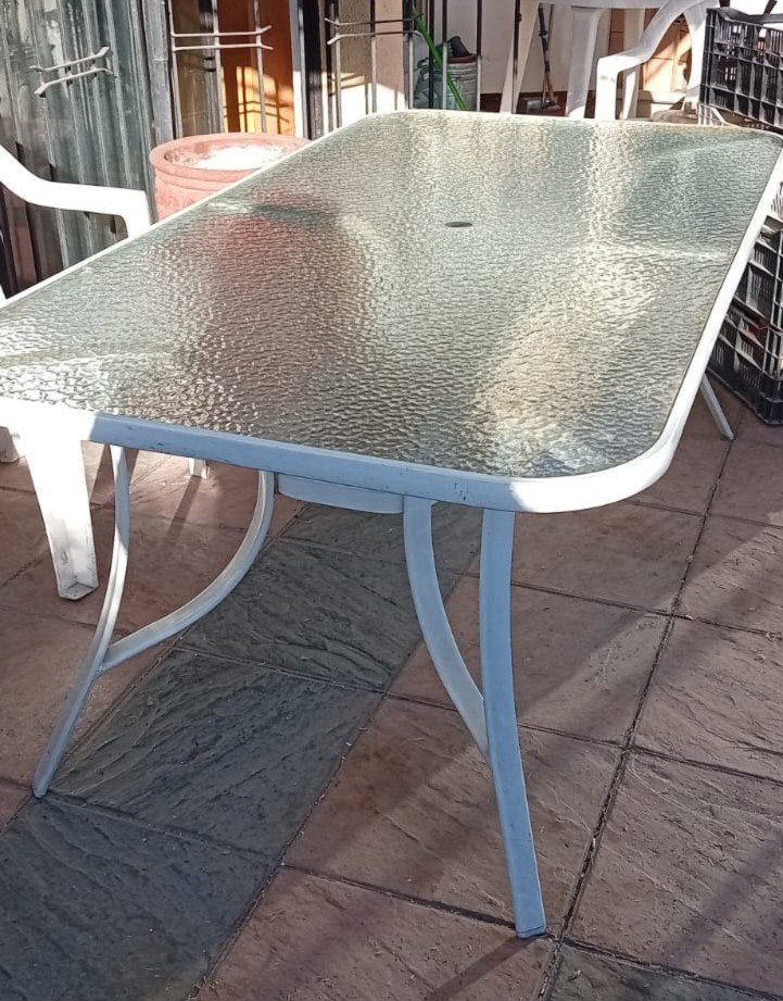 Mesa vidrio terraza metal blanco